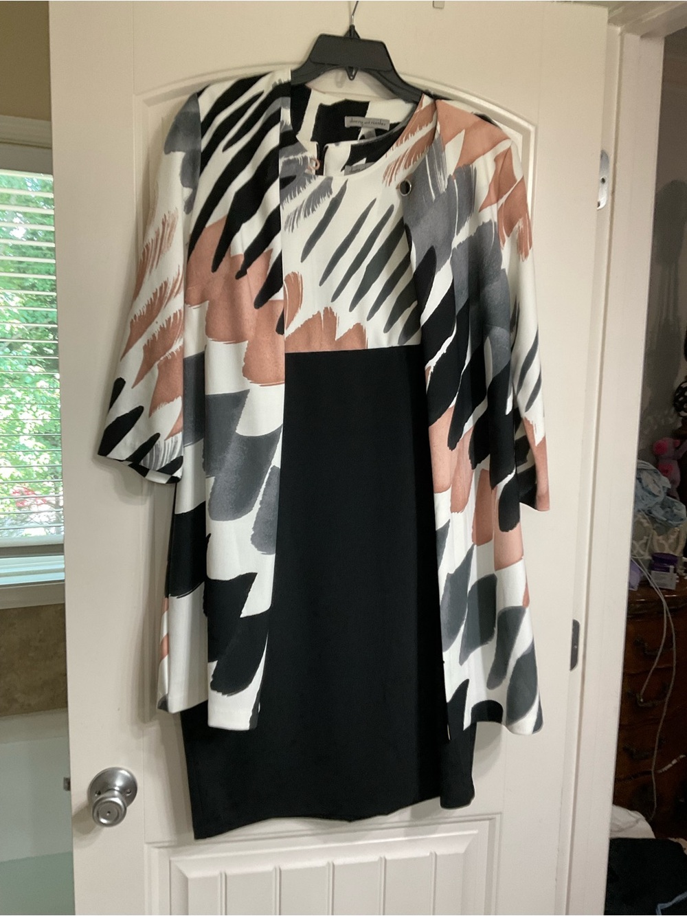 Danny & Nicole Black Dress with Blush and Gray Printed Jacket Size 14